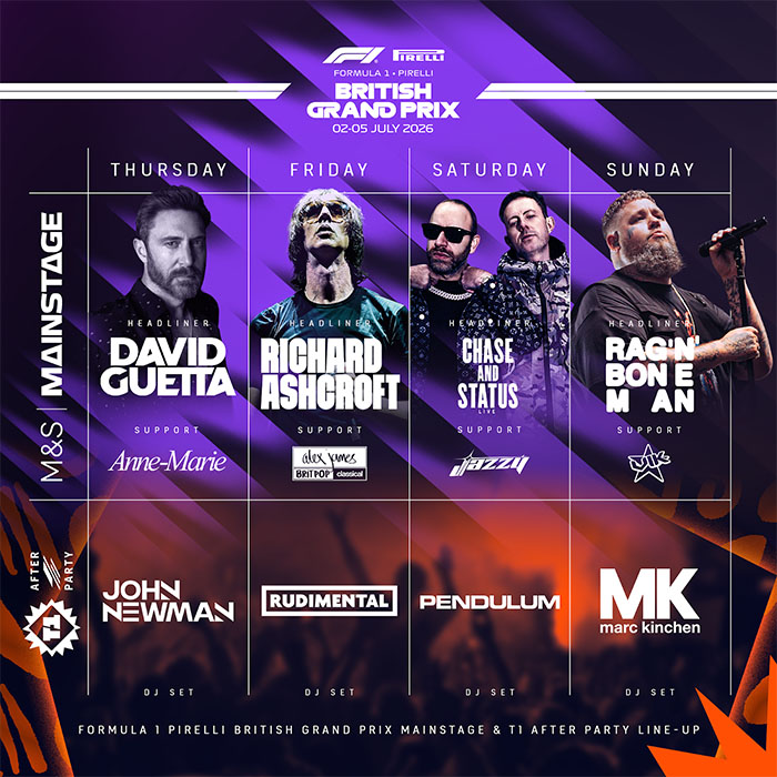 Formula1 Silverstone concerts Richard Ashcroft, Alex James, David Guetta