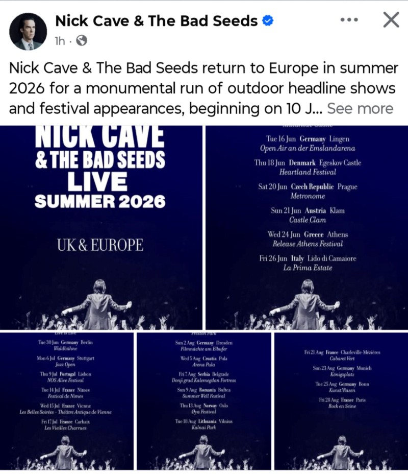 nick cave bad seeds festivaltour european tour 2026 leak clamlive